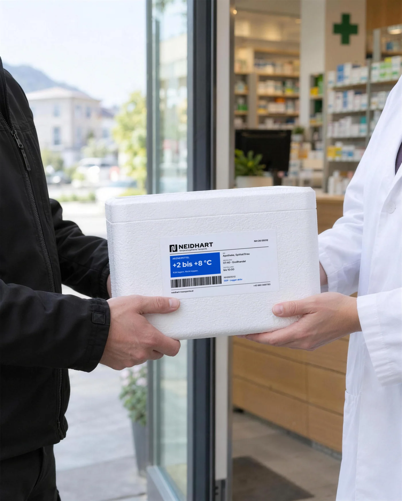 Übergabe einer Styroporbox mit Neidhart Etikett an eine Apothekerin